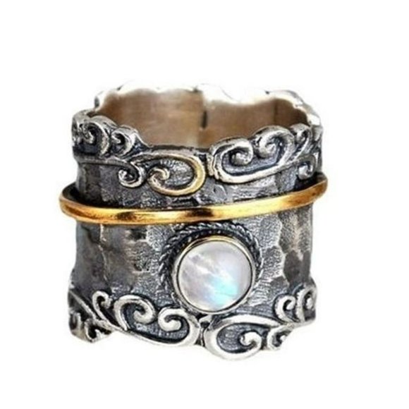 Retro Temperament Wide Face Two Tone Rainbow Moonstone Ring - Picture 3 of 6